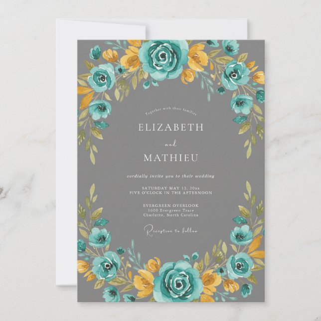 Invitation Mariage Floral Rayonnant Sarcelle (Devant)