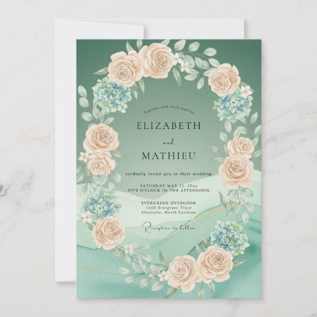 Invitation Mariage Floral Resplendissant Vert Sauge (Devant)