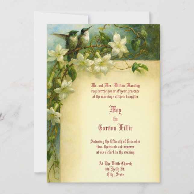 Invitation Mariage Floral Rétro Colibri Paire (Devant)