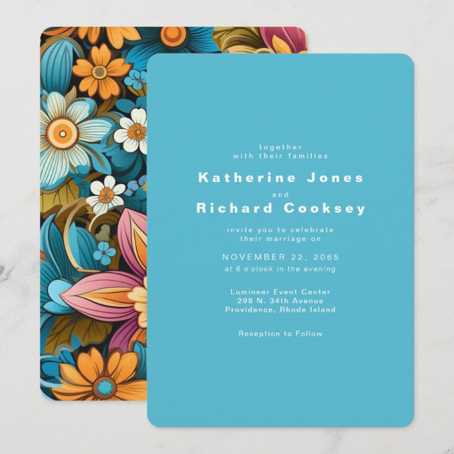 Invitation Mariage floral rétro contemporain (Devant / Derrière)