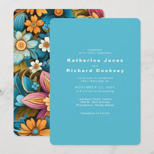 Invitation Mariage Floral Rétro Contemporain Turquoise