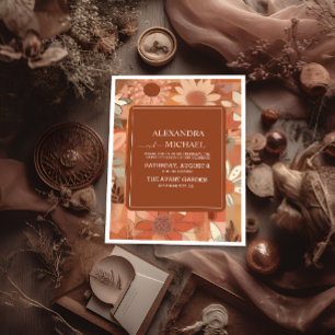 Invitation Mariage floral rétro groovy orange brûlé