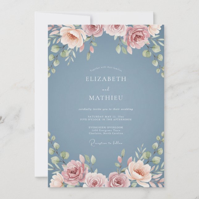 Invitation Mariage Floral Rêveur Bleu Ardoise (Devant)