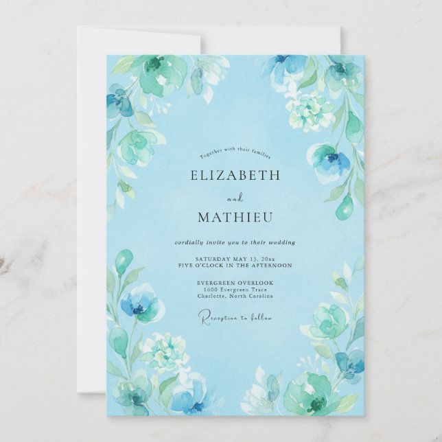 Invitation Mariage Floral Rêveur Bleu Ciel (Devant)