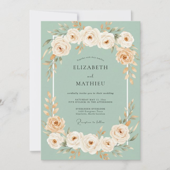 Invitation Mariage Floral Rêveur Menthe Pêche (Devant)