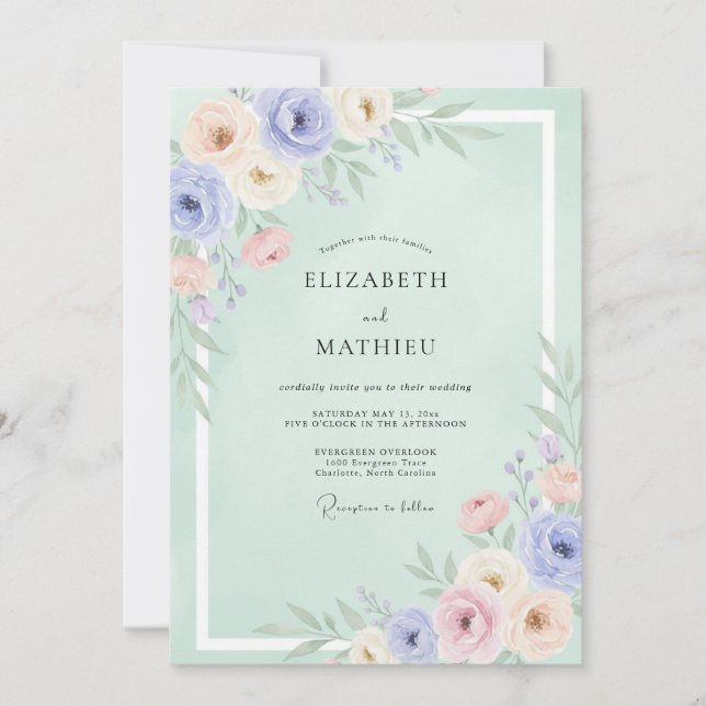 Invitation Mariage Floral Romance à la Menthe (Devant)
