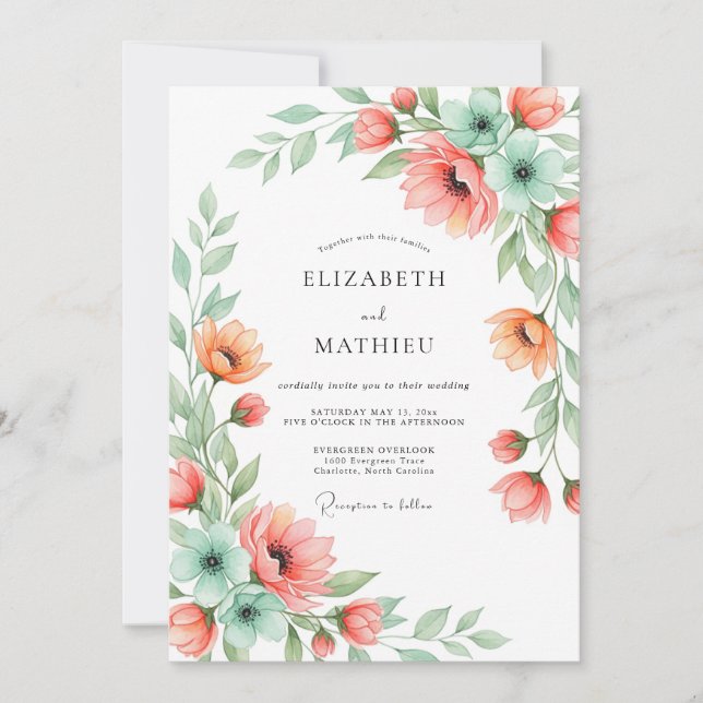Invitation Mariage Floral Romance à la Menthe Corail (Devant)