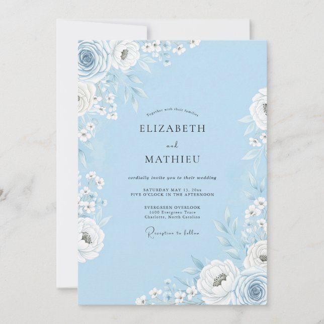 Invitation Mariage Floral Romance Bleu Ciel (Devant)