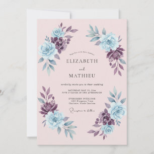 Invitation Mariage Floral Romance Bleu Violet Poussiéreux