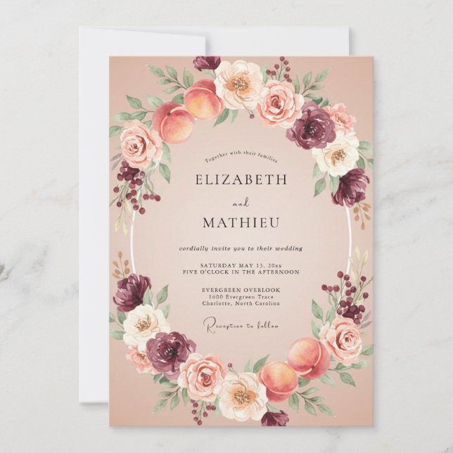 Invitation Mariage Floral Romance Bourgogne Abricot (Devant)