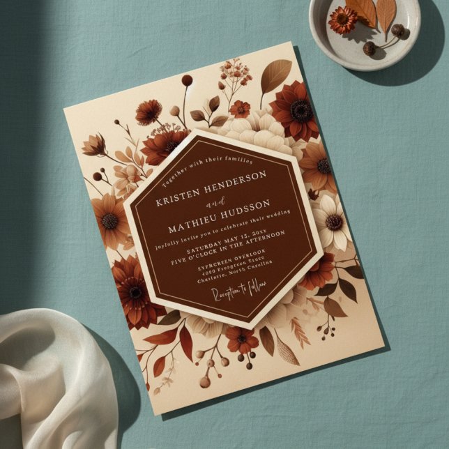 Invitation Mariage Floral Romance Brun Automne (Créateur téléchargé)