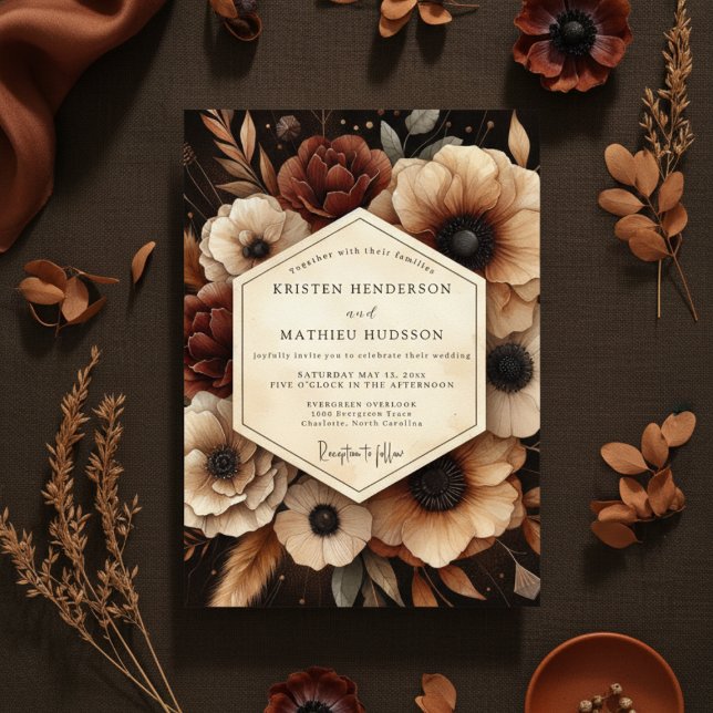 Invitation Mariage Floral Romance Crépuscule Bourgogne (Créateur téléchargé)