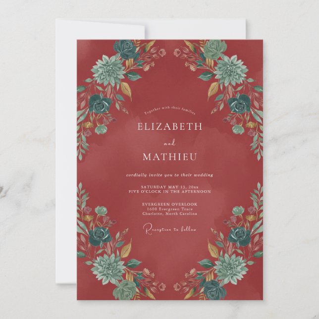 Invitation Mariage Floral Romance d'Automne Rouge (Devant)