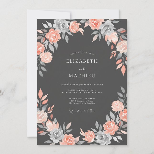 Invitation Mariage Floral Romance Gris Corail (Devant)
