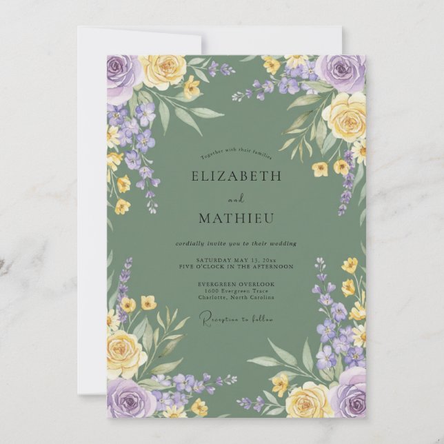 Invitation Mariage Floral Romance Jaune Lavande (Devant)
