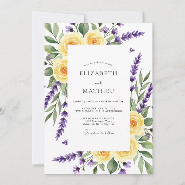Invitation Mariage Floral Romance Lavande Jaune (Devant)