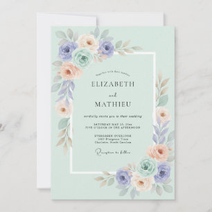 Invitation Mariage Floral Romance Pêche et Pervenche
