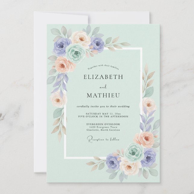 Invitation Mariage Floral Romance Pêche et Pervenche (Devant)
