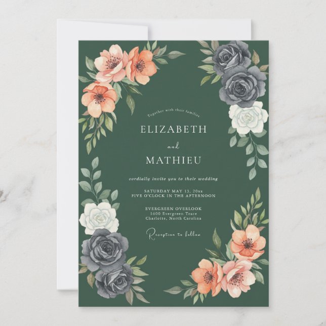 Invitation Mariage Floral Romance Profond Prune Sombre (Devant)
