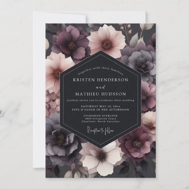 Invitation Mariage Floral Romance Profondement Prune (Devant)