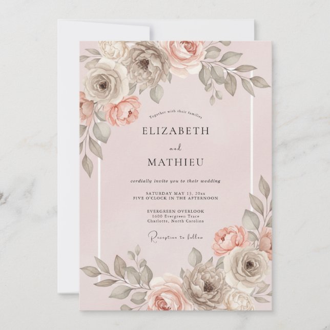 Invitation Mariage Floral Romance Rouge Pêche (Devant)