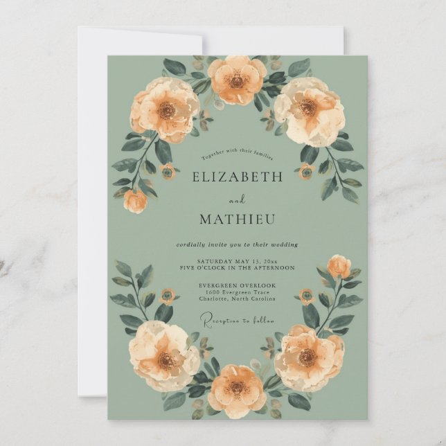 Invitation Mariage Floral Romance Sauge Pêche (Devant)