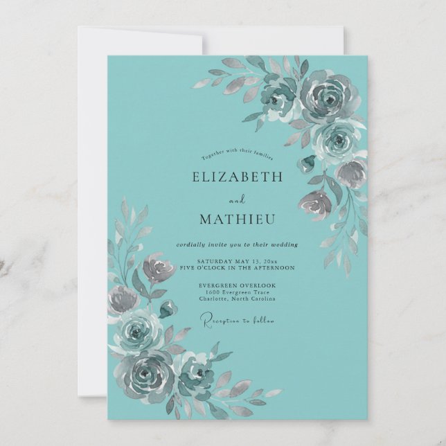 Invitation Mariage Floral Romance Sombre Turquoise (Devant)