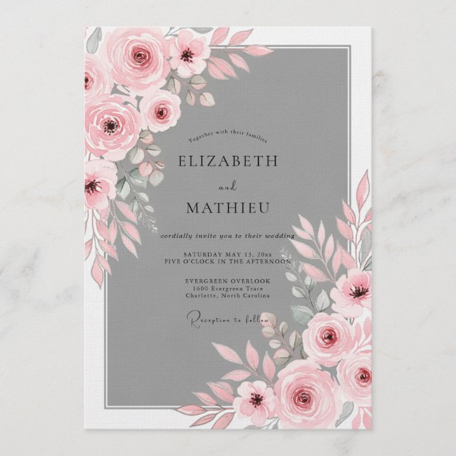 Invitation Mariage Floral Romance Teint de Rose (Devant)