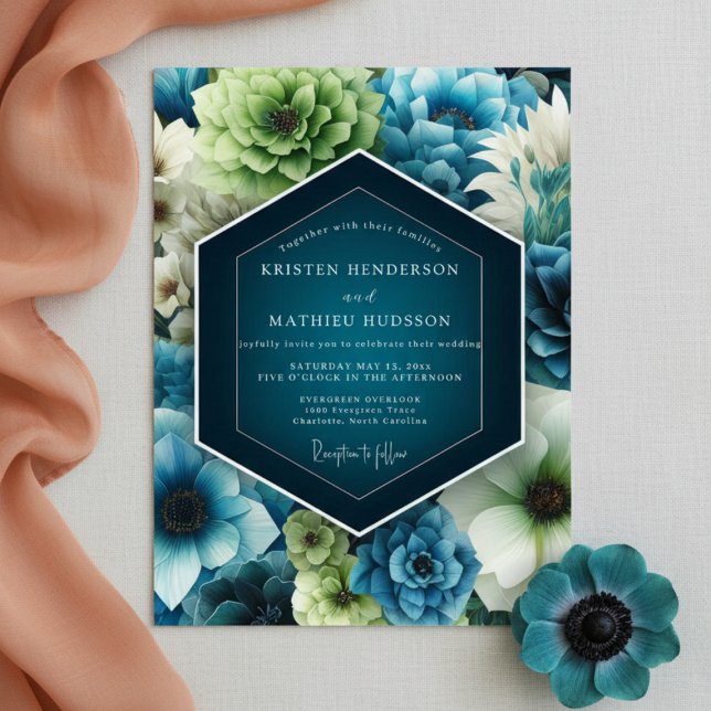 Invitation Mariage Floral Romance Teinte Bleu-vert (Créateur téléchargé)