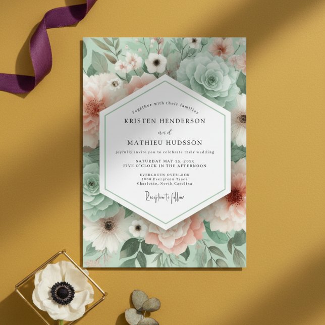 Invitation Mariage Floral Romance Vert Menthe (Créateur téléchargé)
