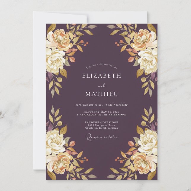 Invitation Mariage Floral Romantique à la Crème de Prune (Devant)