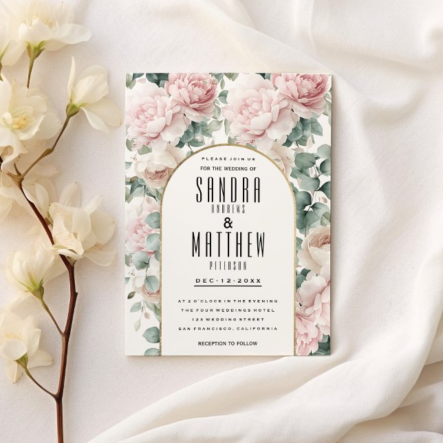 Invitation Mariage floral romantique à la menthe rose eucalyp (Romantic pink mint peony eucalyptus floral Wedding)