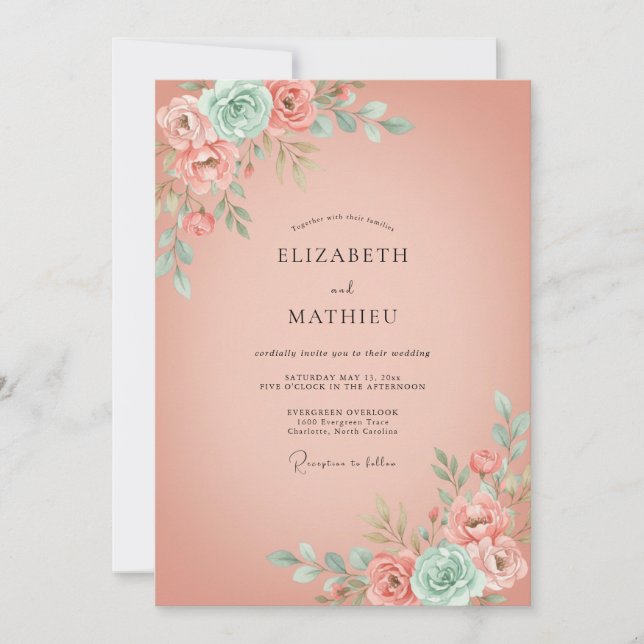 Invitation Mariage Floral Romantique à la Pêche (Devant)