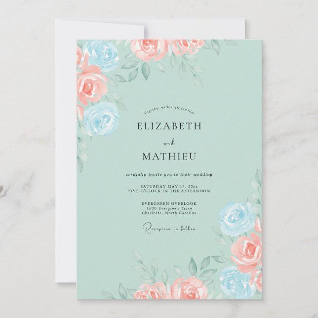 Invitation Mariage Floral Romantique Aqua Pâle (Devant)