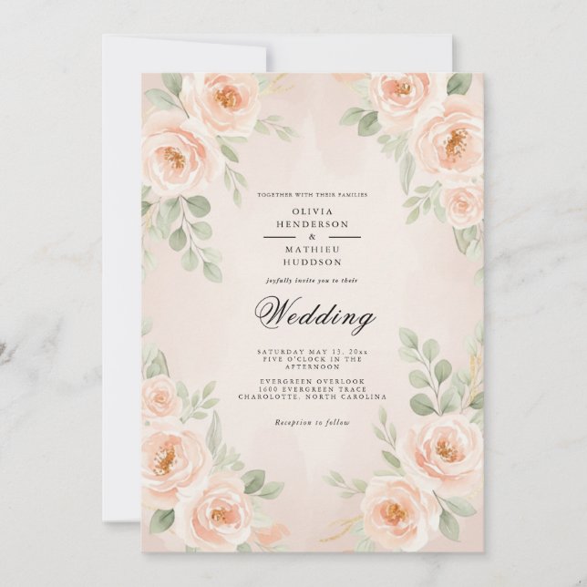 Invitation Mariage Floral Romantique aux Pêches (Devant)