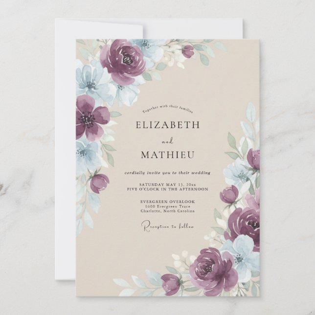 Invitation Mariage Floral Romantique aux Prunes (Devant)