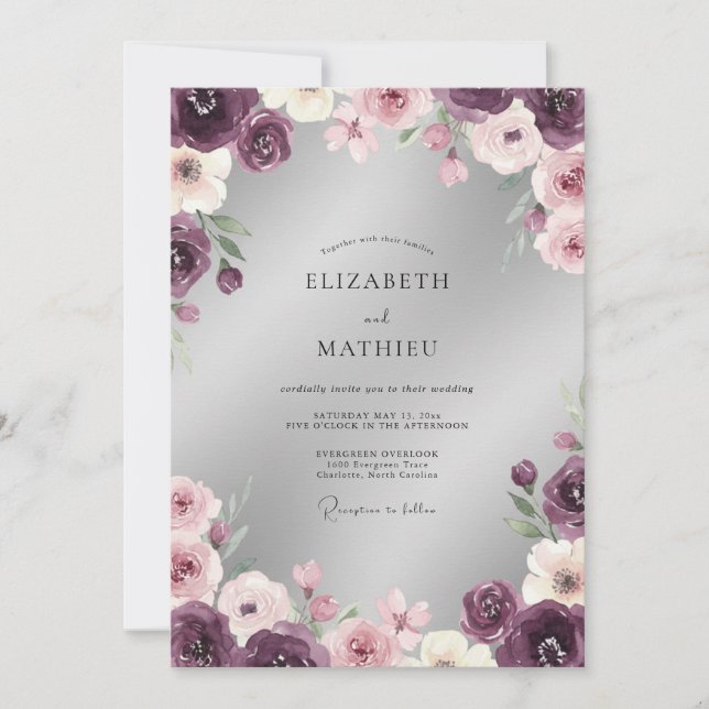 Invitation Mariage Floral Romantique aux Tonalités de Prune (Devant)