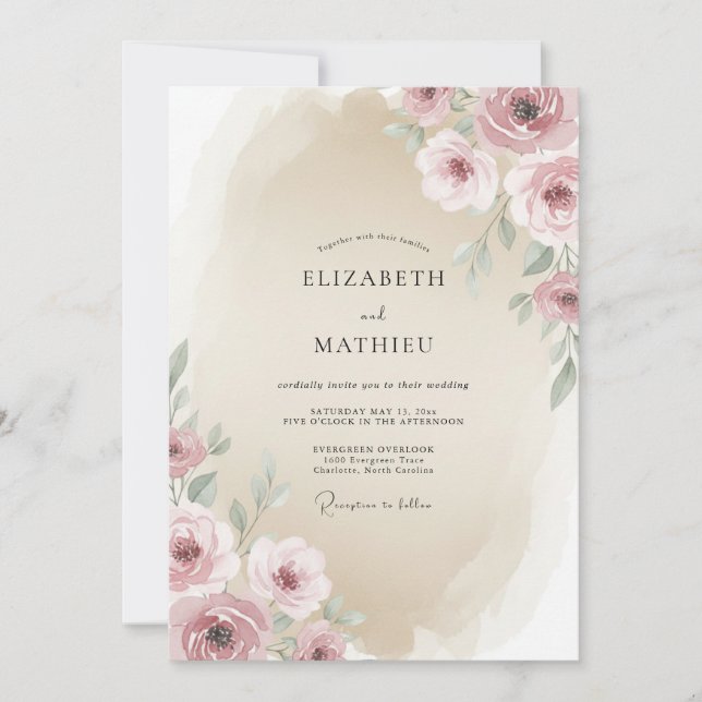 Invitation Mariage Floral Romantique Beige Sable (Devant)