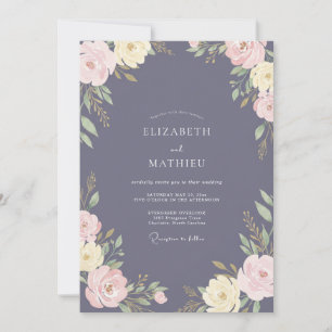 Invitation Mariage Floral Romantique Bleu Ardoise