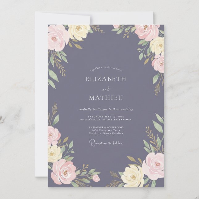 Invitation Mariage Floral Romantique Bleu Ardoise (Devant)