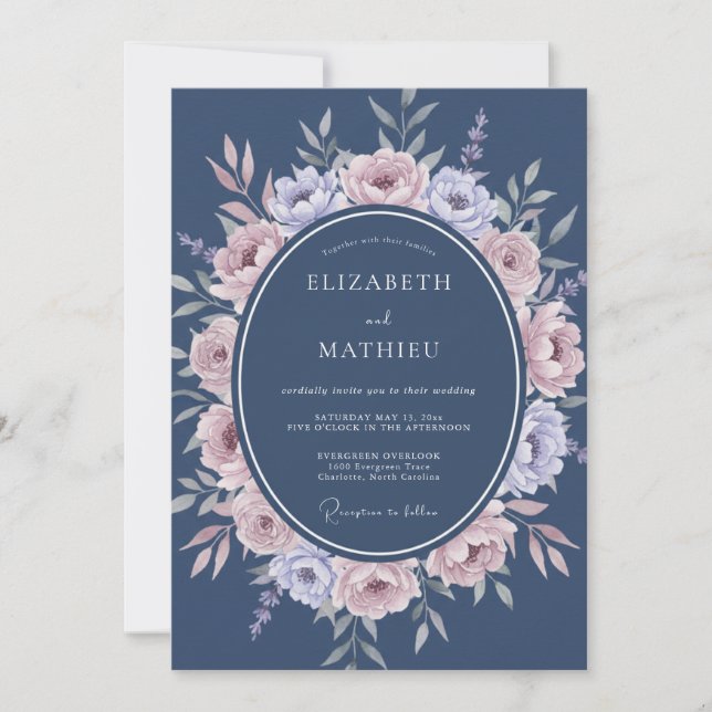 Invitation Mariage Floral Romantique Bleu Ardoise (Devant)