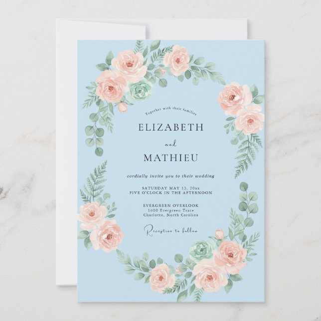 Invitation Mariage Floral Romantique Bleu Bébé (Devant)
