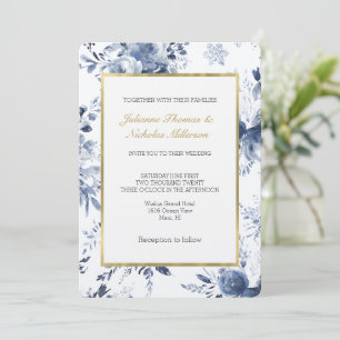 Invitation Mariage Floral Romantique Bleu Blanc