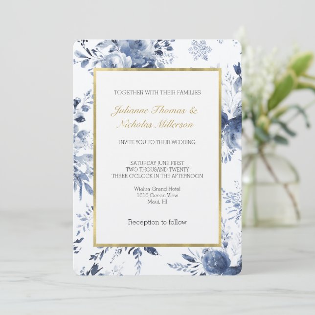 Invitation Mariage Floral Romantique Bleu Blanc (Debout devant)