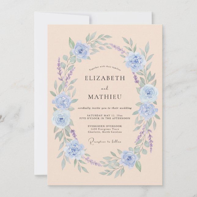 Invitation Mariage Floral Romantique Bleu Clair (Devant)