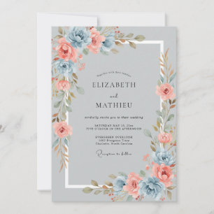 Invitation Mariage Floral Romantique Bleu Corail