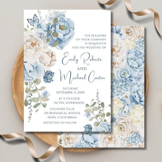 Invitation Mariage floral romantique bleu Dusty (Créateur téléchargé)