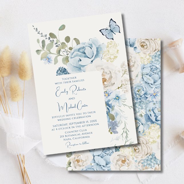 Invitation Mariage floral romantique bleu Dusty (Créateur téléchargé)