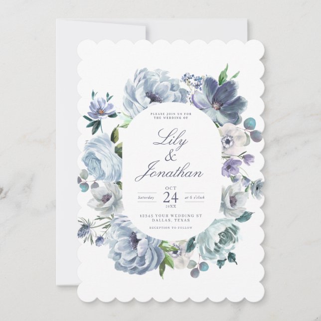 Invitation Mariage floral romantique bleu français (Devant)