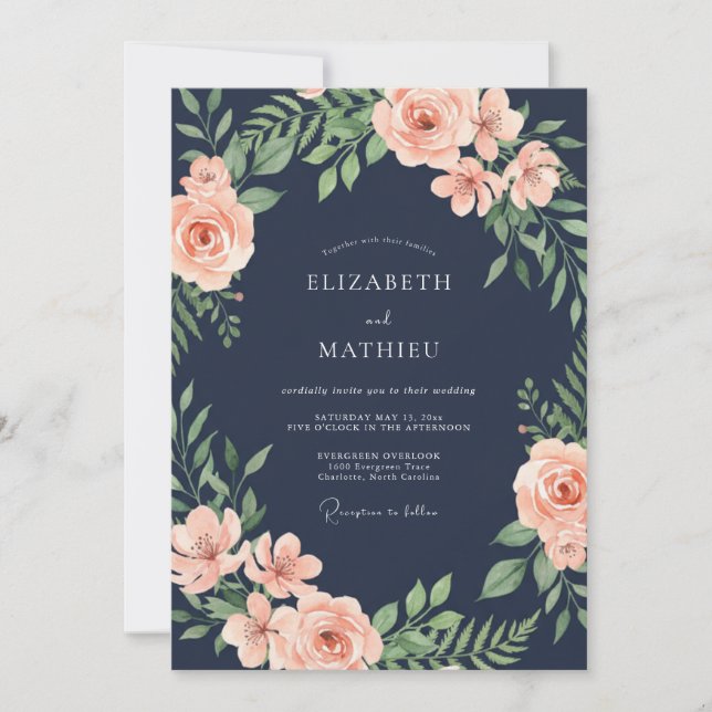 Invitation Mariage Floral Romantique Bleu Marine (Devant)